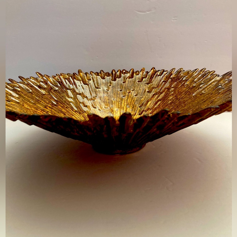 🔥 Rare Vintage MCM Lg Gold & Bronze Icicle Art Glass Decorative Centerpiece Bowl - Picture 9 of 16